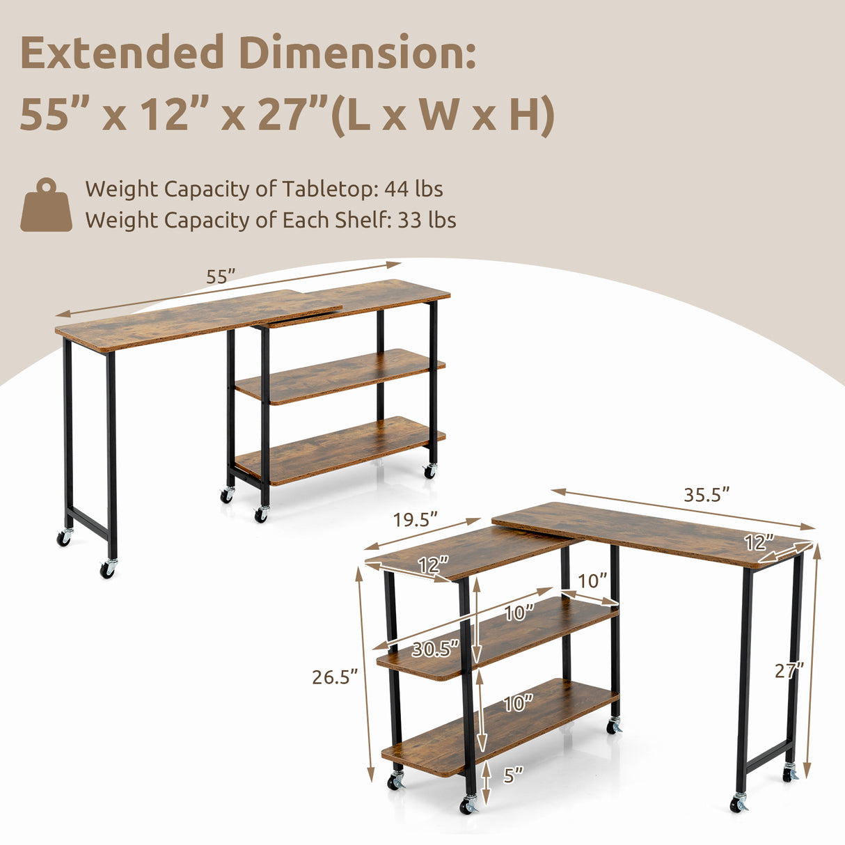 Patented 360 ° Rotating Sofa Side Table with 2-Tier Storage Shelves-Brown
