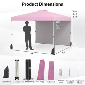 10 X 10 FT Pop up Canopy Tent with 1 Sidewall and Wheeled Bag-Pink by DirectDeals