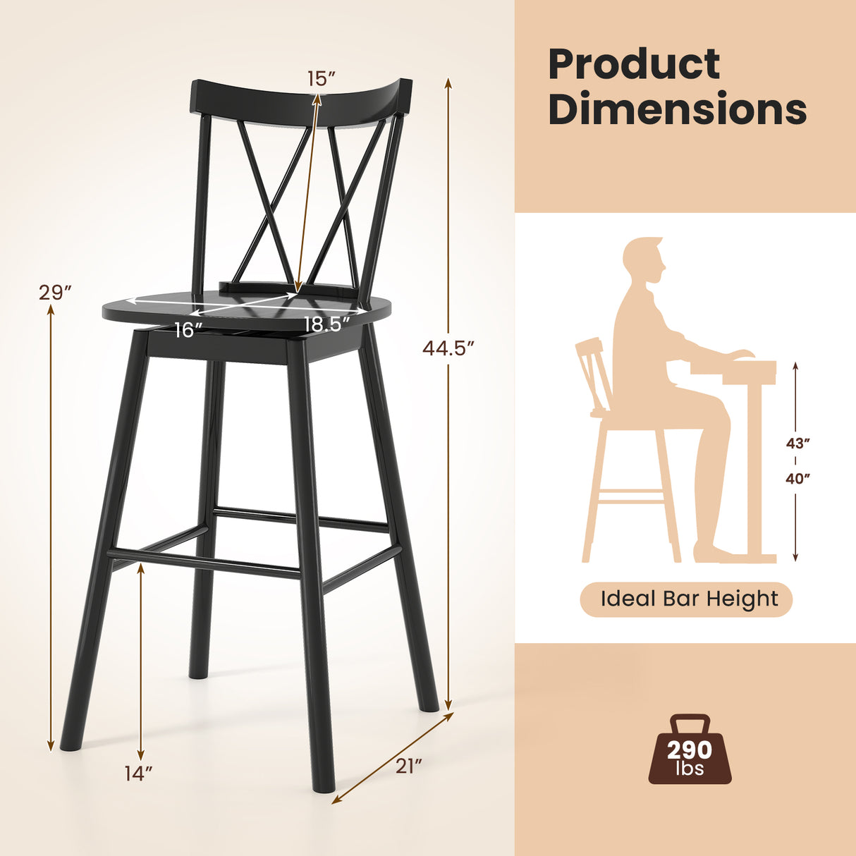 Set of 2 Windsor Bar Stool with Ergonomic Backrest and Footrests-29 inches