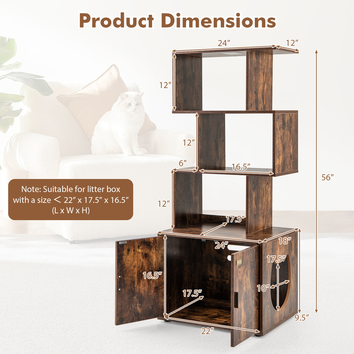 56 Inch Tall Cat Litter Box Enclosure with Storage-Rustic Brown