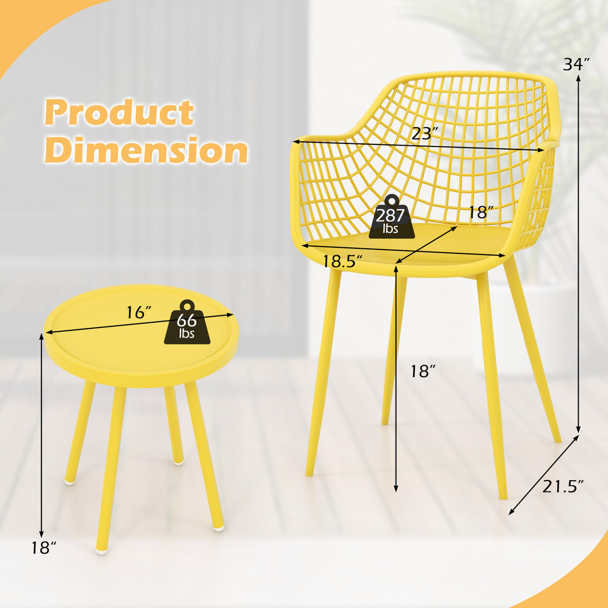 3 Piece Patio Chair Set with PP Seat and Tabletop for Porch-Yellow