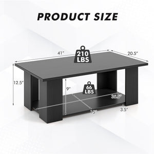 Large 36/41 Inch 2-tier Wooden Modern Coffee Table with Storage Shelf-Black