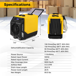 190 PPD Commercial Dehumidifier with Pump and 2 Wheels-Yellow
