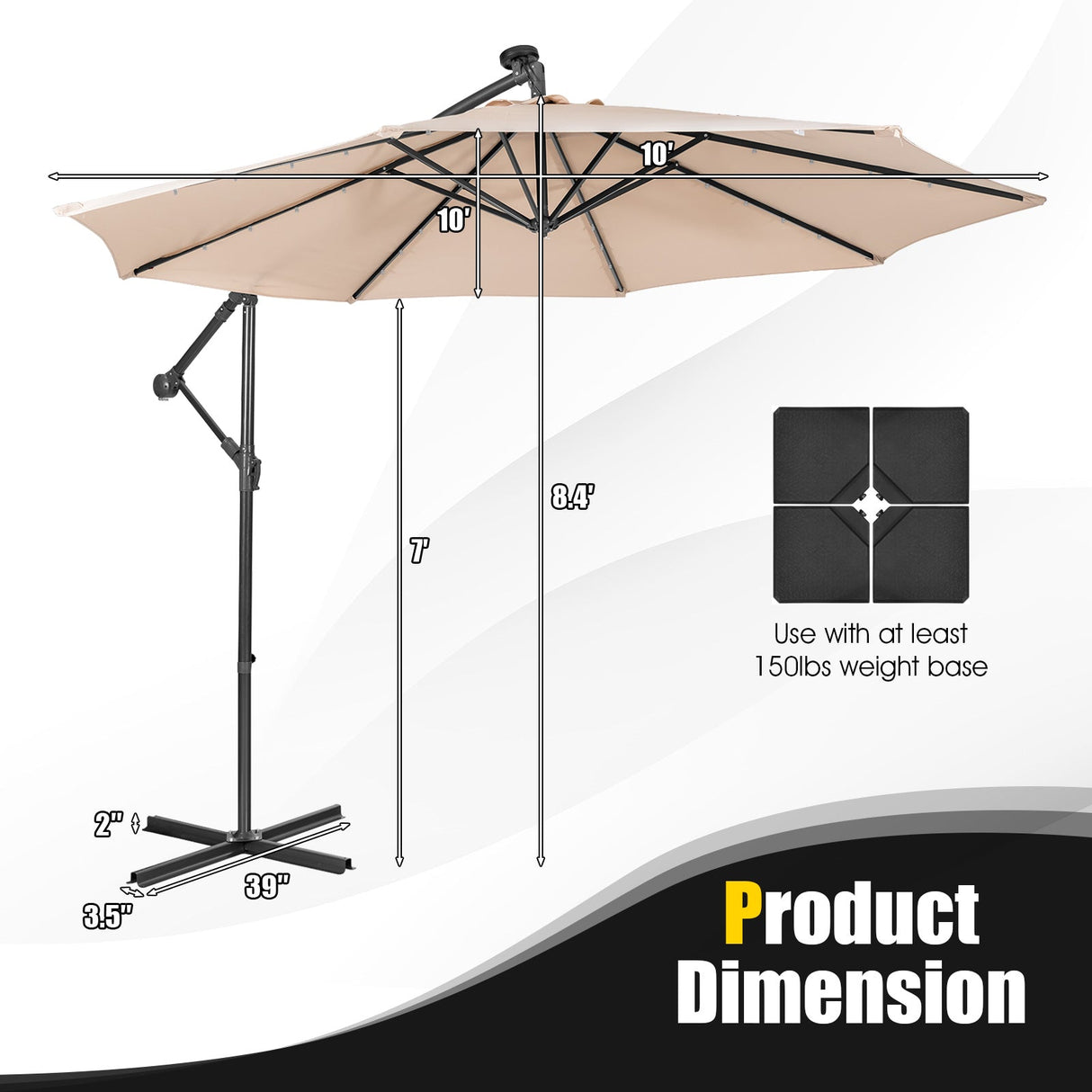 10 Feet Patio Solar Powered Cantilever Umbrella with Tilting System-Beige by DirectDeals