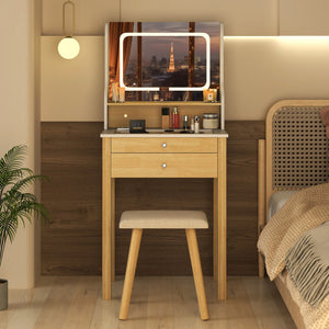 Small Vanity Desk Set with Adjustable LED Lighted Mirror and Power Outlets-White