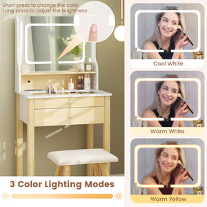 Small Vanity Desk Set with Adjustable LED Lighted Mirror and Power Outlets-White
