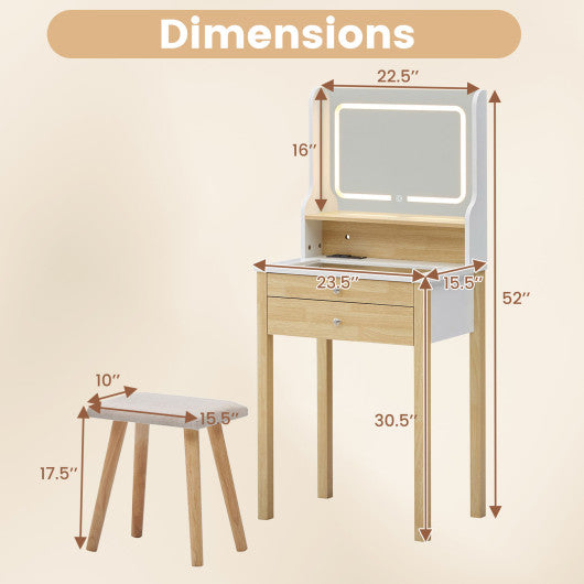 Small Vanity Desk Set with Adjustable LED Lighted Mirror and Power Outlets-White