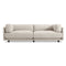 The Sunday 102-Inch Sofa is a modern piece with thick cushions and streamlined armrests set against a white background. It stands on four small, dark legs and showcases a minimalist design.