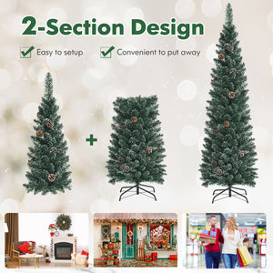 Snowy Artificial Pencil Christmas Tree with Pine Cones-5 ft