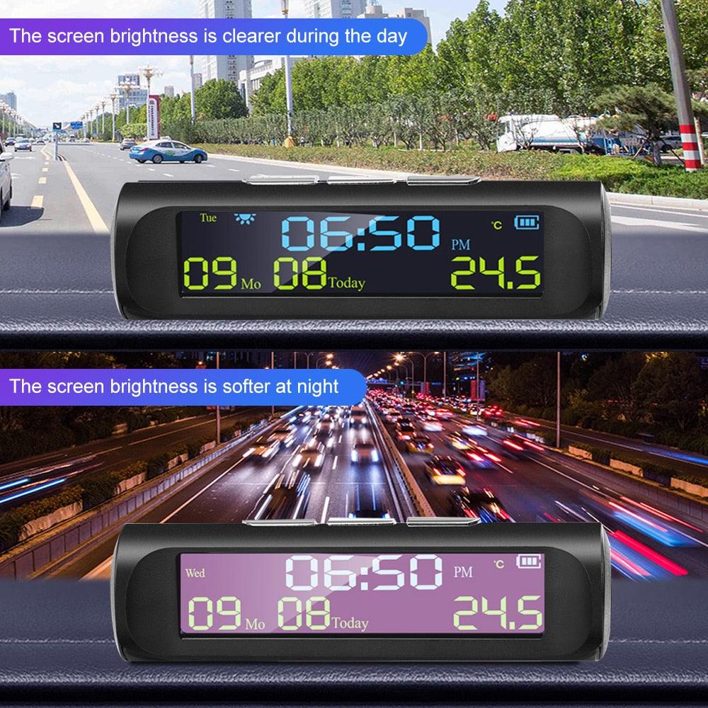 Solar Car Digital Clock with LCD Time Date In-Car Temperature Display for Outdoor Personal Car Part Decoration Universal Wireless Car Head Up Display Digital GPS Speedometer MPH Solar Battery USB Charged with Time Clock