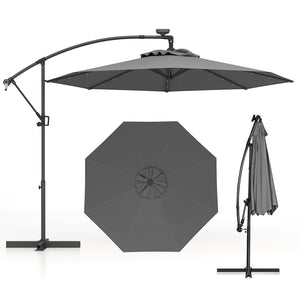 10 Feet 360 ° Rotation Solar Powered LED Patio Offset Umbrella without Weight Base-Gray