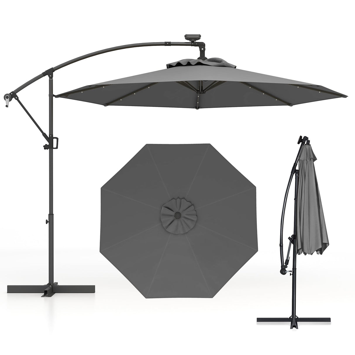 10 Feet 360° Rotation Solar Powered LED Patio Offset Umbrella without Weight Base-Gray by DirectDeals
