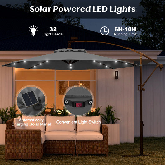 10 Feet 360 ° Rotation Solar Powered LED Patio Offset Umbrella without Weight Base-Gray
