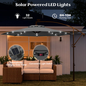 10 Feet 360 ° Rotation Solar Powered LED Patio Offset Umbrella without Weight Base-Gray