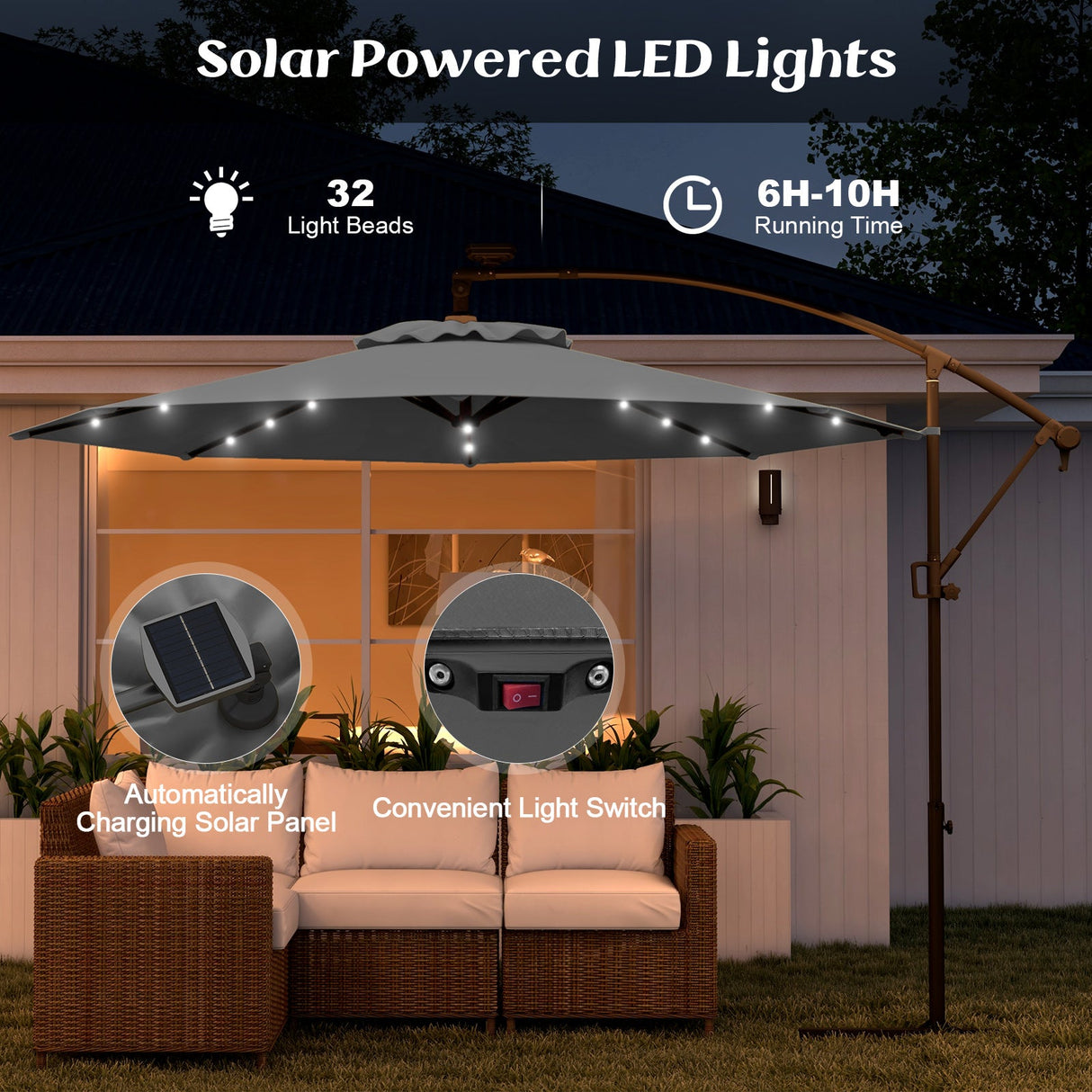 10 Feet 360° Rotation Solar Powered LED Patio Offset Umbrella without Weight Base-Gray by DirectDeals