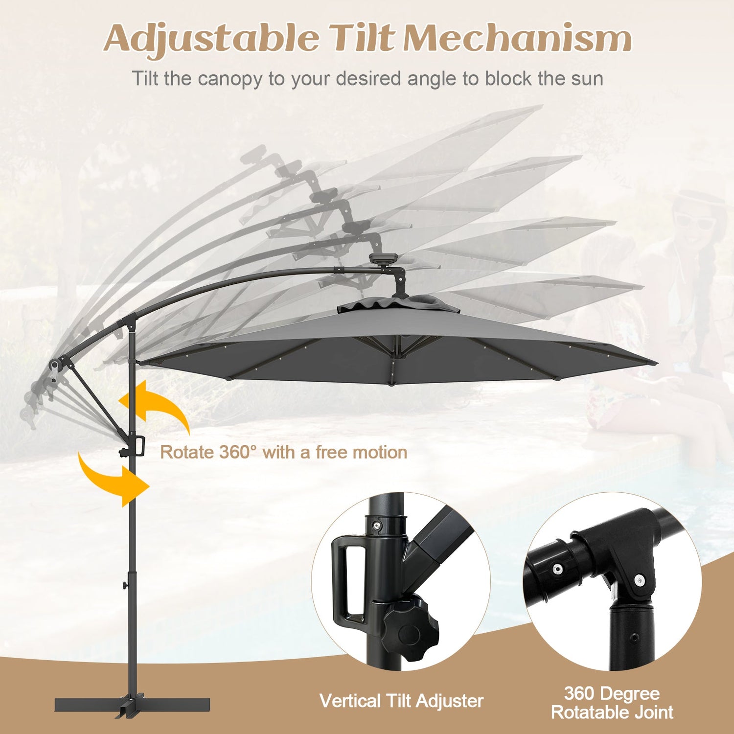 10 Feet 360° Rotation Solar Powered LED Patio Offset Umbrella without Weight Base-Gray by DirectDeals