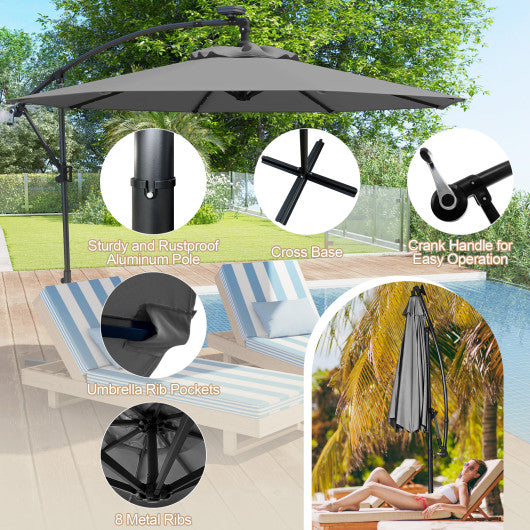 10 Feet 360 ° Rotation Solar Powered LED Patio Offset Umbrella without Weight Base-Gray