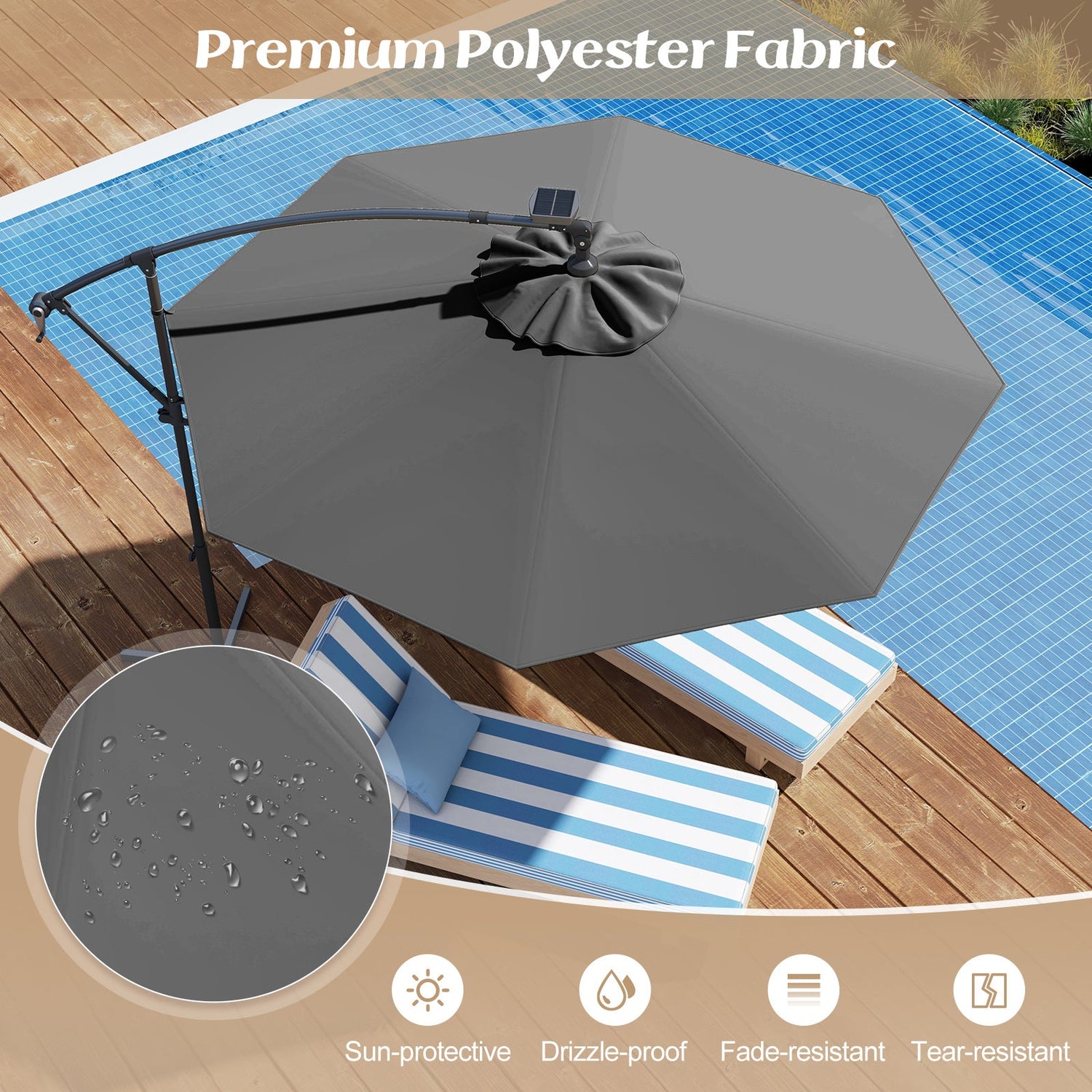 10 Feet 360° Rotation Solar Powered LED Patio Offset Umbrella without Weight Base-Gray by DirectDeals