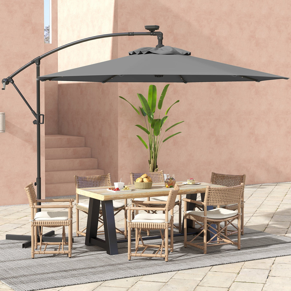 10 Feet 360° Rotation Solar Powered LED Patio Offset Umbrella without Weight Base-Gray by DirectDeals
