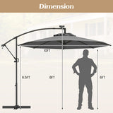 10 Feet 360 ° Rotation Solar Powered LED Patio Offset Umbrella without Weight Base-Gray