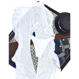 Solid bikini Mesh 3 Pieces Set Swimsuit 3 Pieces Swimsuit Solid Padded Swimwear with Maxi Wrap Skirt Beach Vacation Swim Bath Wear Women Elegant Swimwear Female Ruffle Swimming Suit Sports Bathing Suit