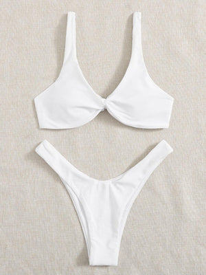 Solid Tie  Bikini Padded Bra High Leg Bandage Push Up Bikini Set Brazilian Swimsuit Women Swimwear Rib Bikini Set High Cut Spaghetti Strap Two Piece Swimsuit Bathing Suit