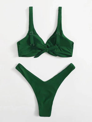 Solid Tie  Bikini Padded Bra High Leg Bandage Push Up Bikini Set Brazilian Swimsuit Women Swimwear Rib Bikini Set High Cut Spaghetti Strap Two Piece Swimsuit Bathing Suit