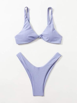 Solid Tie  Bikini Padded Bra High Leg Bandage Push Up Bikini Set Brazilian Swimsuit Women Swimwear Rib Bikini Set High Cut Spaghetti Strap Two Piece Swimsuit Bathing Suit
