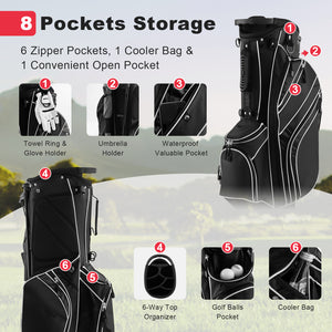 Golf Stand Cart Bag with 6-Way Divider Carry Pockets-Black