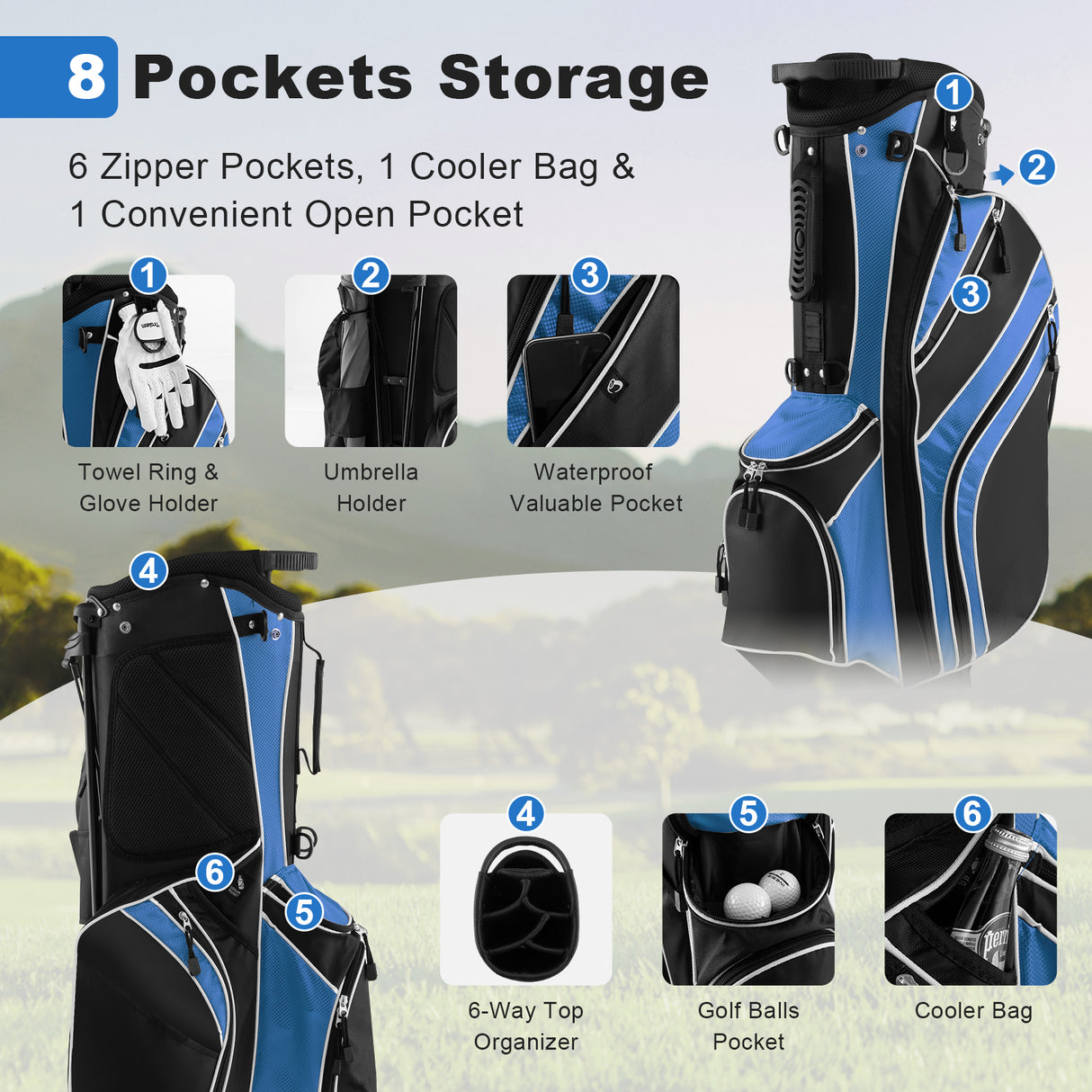 Golf Stand Cart Bag with 6-Way Divider Carry Pockets-Green
