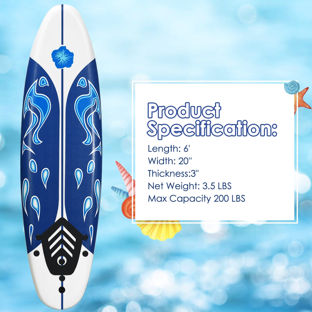 6 Feet Surfboard with 3 Detachable Fins-White