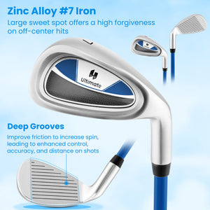 Junior #7 Iron for Kids with Fiberglass Shaft and Headcover-Blue
