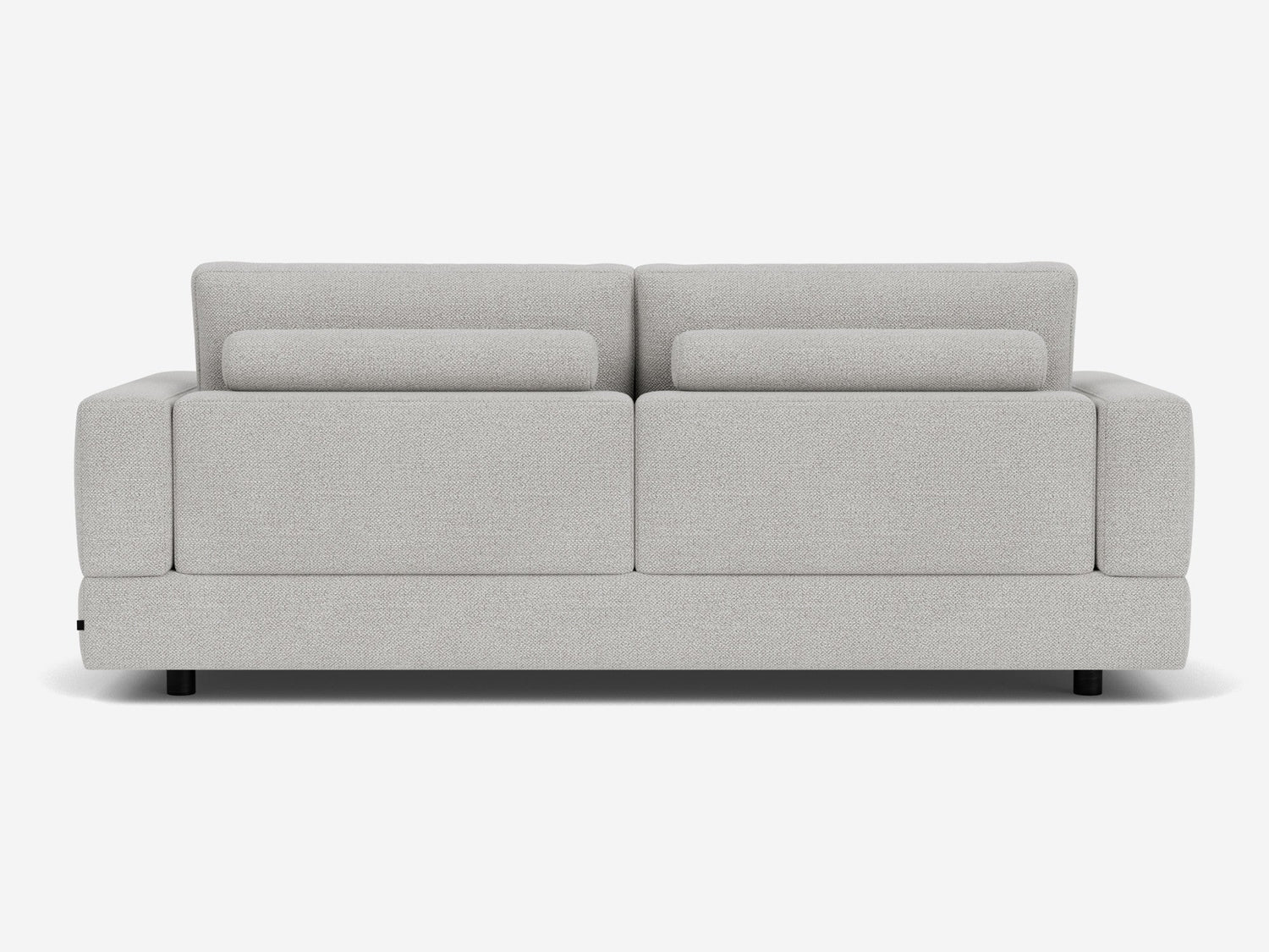The Stage Track Sofa features a modern, light gray design with a minimalist aesthetic. It has a rectangular shape, two attached back cushions, and short black legs. The upholstery is soft and textured, making it an excellent addition to any contemporary living space.