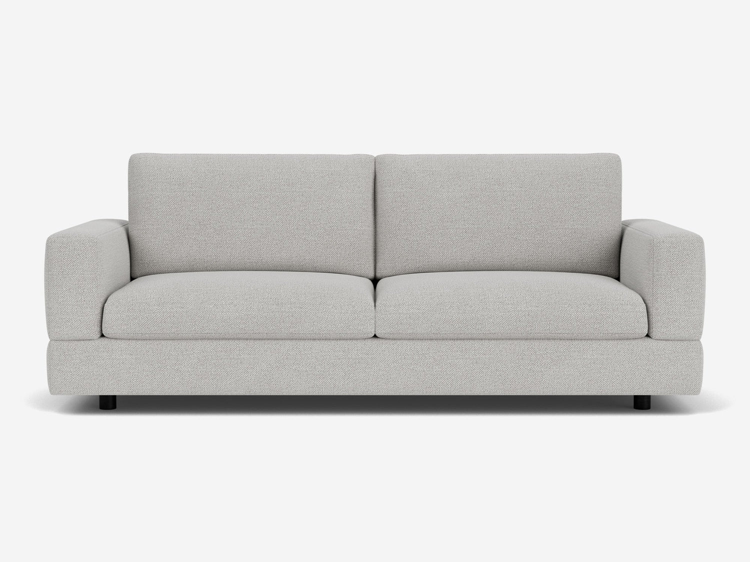 The Stage Track Sofa is a modern two-seater in light gray, featuring plush cushions and a minimalist design. It boasts square arms and a low-profile base, set against a plain white background.