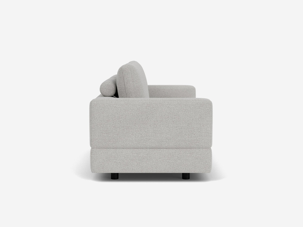 Side view of the Stage Track Sofa upholstered in gray fabric, featuring two cushions, simple lines, and black legs, set against a white background.