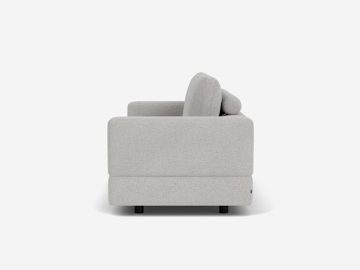 Side view of the Stage Track Sofa, a modern light gray upholstered piece featuring straight arms and cushions. The minimalist design rests on small black legs, set against a plain white background.