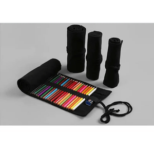 Students Roll Design Black Color Pencil Retro Canvas Wrap Up Pencil Case High Quality Stationary Pouch