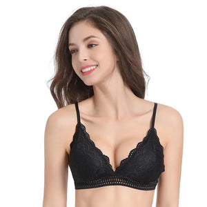 Stunning Women's French Style Lace Bra Girls Triangle Cup Lingerie With Deep V Wireless Underwear Soft Thin Seamless Bra