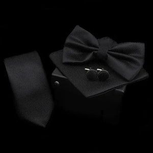 Stylish Solid Color Polyester Tie Bowtie Handkerchief Cufflinks Set For Men Butterfly Wedding Party Necktie Men's Fashion Bowtie