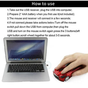 Stylish Wireless Computer Car Shape Mouse Mini 3D Ergonomic PC Gamer Mouse Retro Optical Mice 1600 DPI USB Receiver Suitable for PC/Computer/Laptop