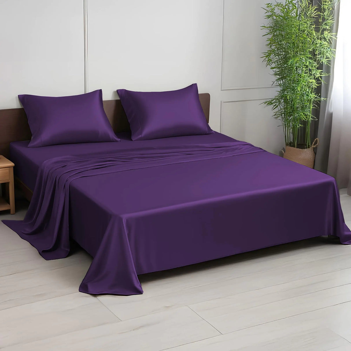 Linenwalas King Size Sheets Set 100% Organic Viscose Derived from Bamboo Silk Bed Sheets Set Luxuriously Soft & Cooling Deep Pocket Up to 16” Breathable Moisture Wicking Sheets (King Purple)