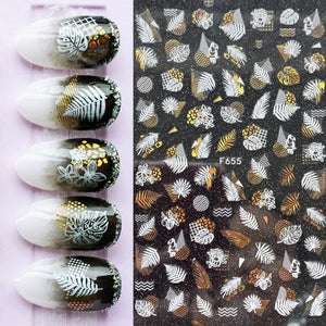 Summer Glitter Nail Decals Stickers Gold Black White Leaf Manicuring Foils Geometric Slider Nail Art Adhesive Decor Adhesive 3D Wave Design Decoration for Women Girls Art Stickers Decal Decoration Metallic Curve Strip Line Nail Decor