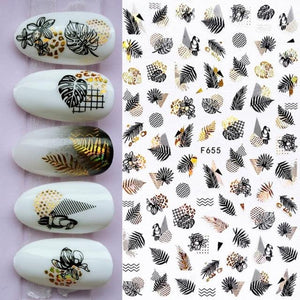 Summer Glitter Nail Decals Stickers Gold Black White Leaf Manicuring Foils Geometric Slider Nail Art Adhesive Decor Adhesive 3D Wave Design Decoration for Women Girls Art Stickers Decal Decoration Metallic Curve Strip Line Nail Decor