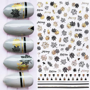 Summer Glitter Nail Decals Stickers Gold Black White Leaf Manicuring Foils Geometric Slider Nail Art Adhesive Decor Adhesive 3D Wave Design Decoration for Women Girls Art Stickers Decal Decoration Metallic Curve Strip Line Nail Decor