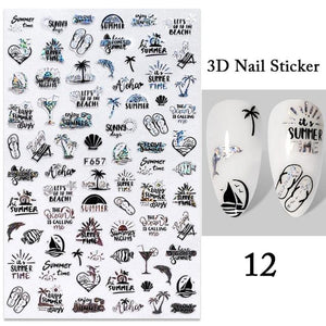 Summer Tropical Beach Coconut Tree Slippers 3D Nail Sticker Leaves Shell Transfer Decals Slider Decoration Manicures  Tip Water Transfer Nail Decals Sticker For Pretty Girl Self-Adhesive Nail Decals Designer Nail Stickers for Acrylic