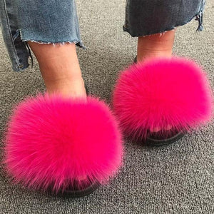 Summer Women Fox Fur Slippers Indoor Slides Fashion Flip Flops Casual Sandals Furry Fluffy Plush Slides Lightweight House Slippers Fluffy Sandals Outdoor Indoor Women Shoes