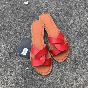 Summer Women Sandals Shoes Fashion Leather Surface Female Slippers Solid High Quality Woman Flat Slides Sandals Casual Strap Cross Slip On Sliders Beach Flat Sandals For Women