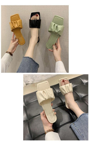 Summer Women Sandals Slippers Pleated Flip Flop Casual Beach Square Open Toe Shoes Outdoor Slippers Open Toe Flat Sandals Slip On Slide Sandals Strap Flat Sandals