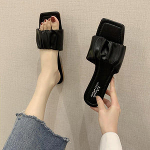 Summer Women Sandals Slippers Pleated Flip Flop Casual Beach Square Open Toe Shoes Outdoor Slippers Open Toe Flat Sandals Slip On Slide Sandals Strap Flat Sandals