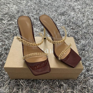 Summer Women Sandals Square Toe Ladies Heel Clear Transparent High Heels Slippers Fashion Chain Woman Open Toe Slip On Dress Luxury Party Backless Slides High Heels Slipper